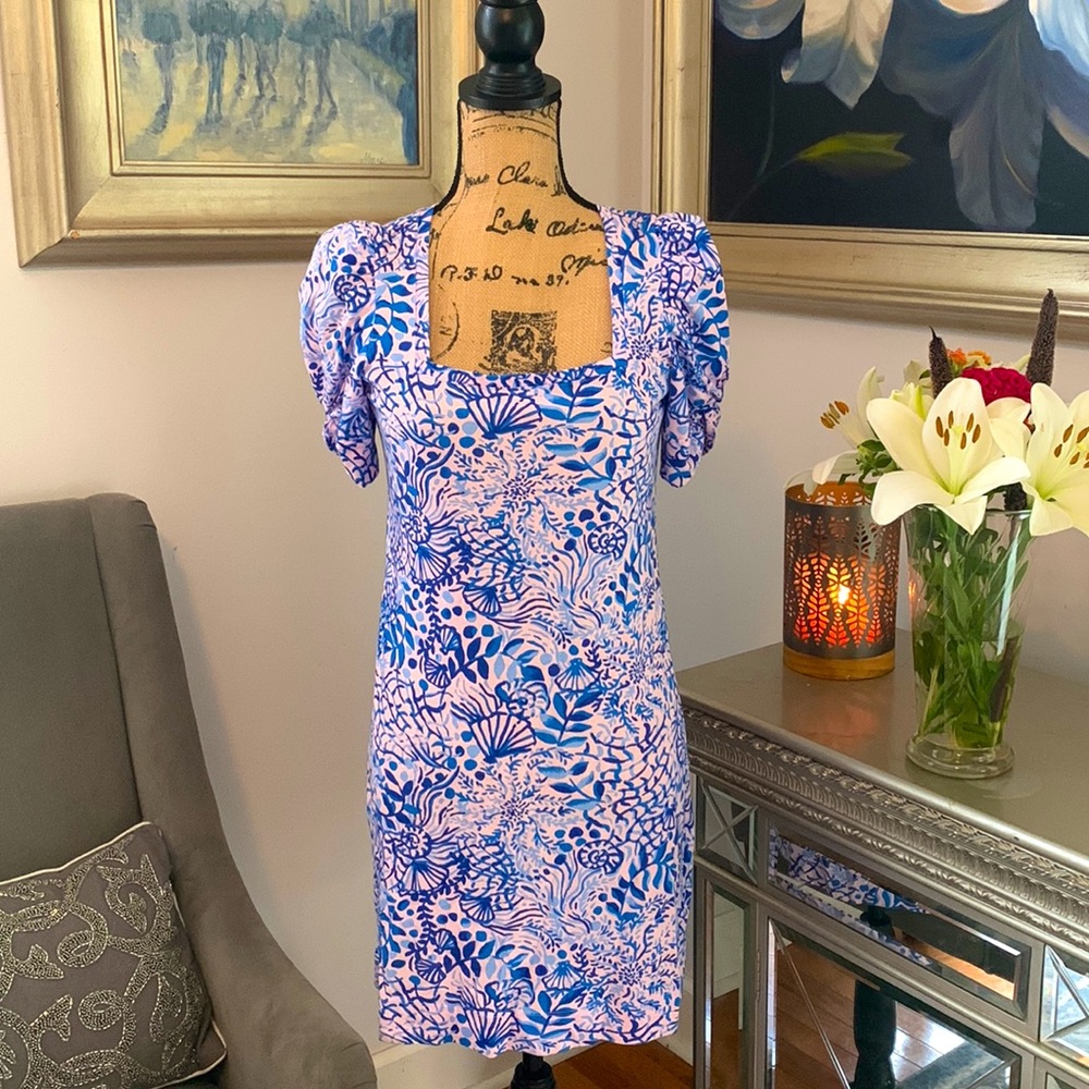 LILLY PULITZER Designer blue pink puff sleeve Barbiecore dress XS 4 Fall floral